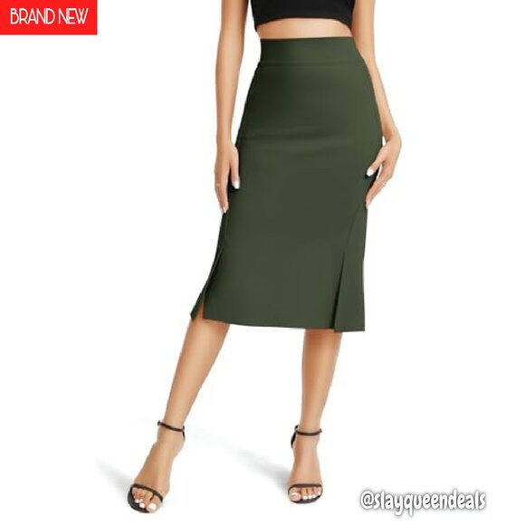 Stretch High Waist Pencil Skirt Midi Slit Office Bodycon - Picture 2 of 7